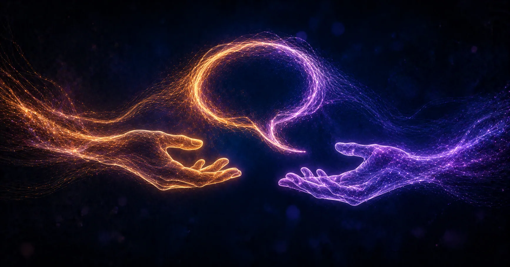 Illustration abstraite de la communication non violente — deux formes lumineuses reliées par des arcs colorés représentant l'échange empathique et bienveillant entre deux personnes sur fond sombre