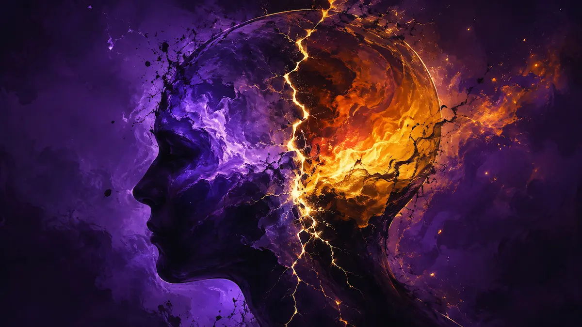 Illustration conceptuelle de la dissonance cognitive : deux formes lumineuses opposées se heurtant dans une silhouette de tête stylisée, symbolisant la tension entre nos actes et nos convictions