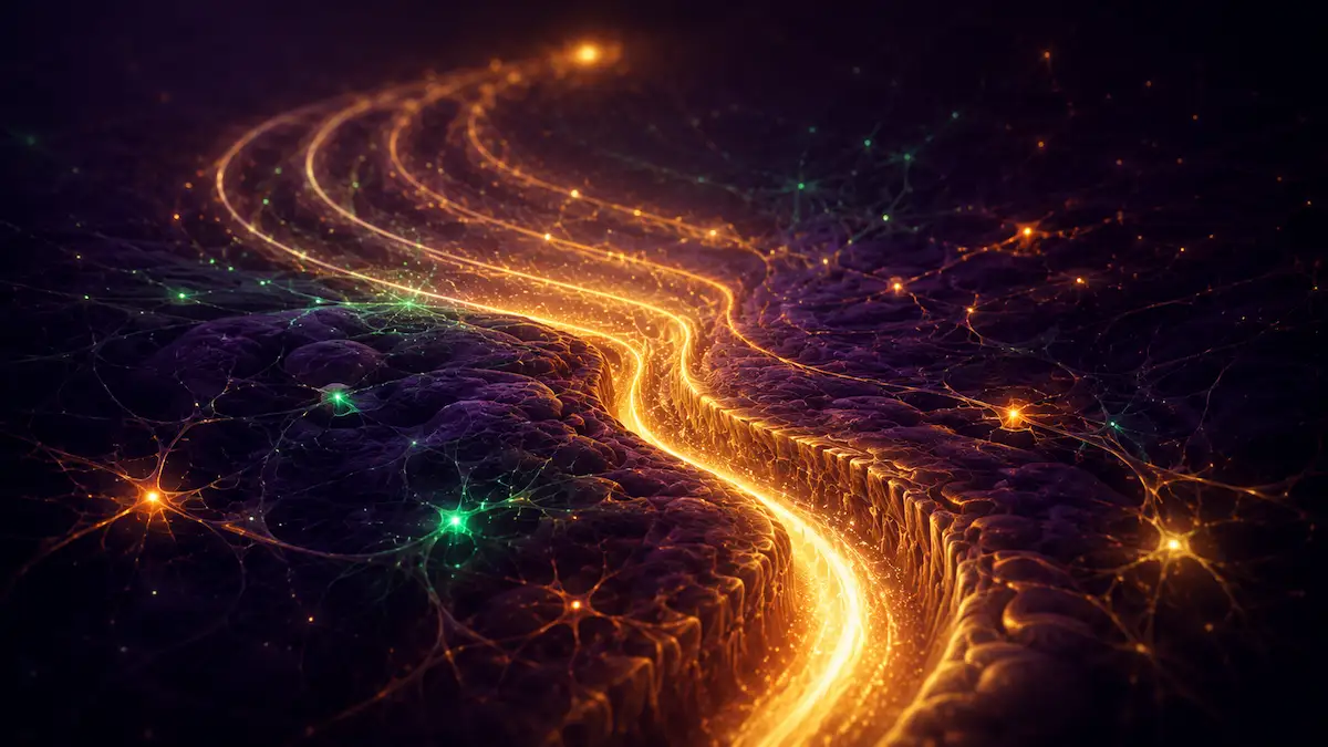 Illustration conceptuelle de la formation des habitudes dans le cerveau : sillon lumineux se creusant par passages répétés de lumière dans un paysage neuronal abstrait, métaphore de l'habitude qui se grave, fond sombre indigo profond