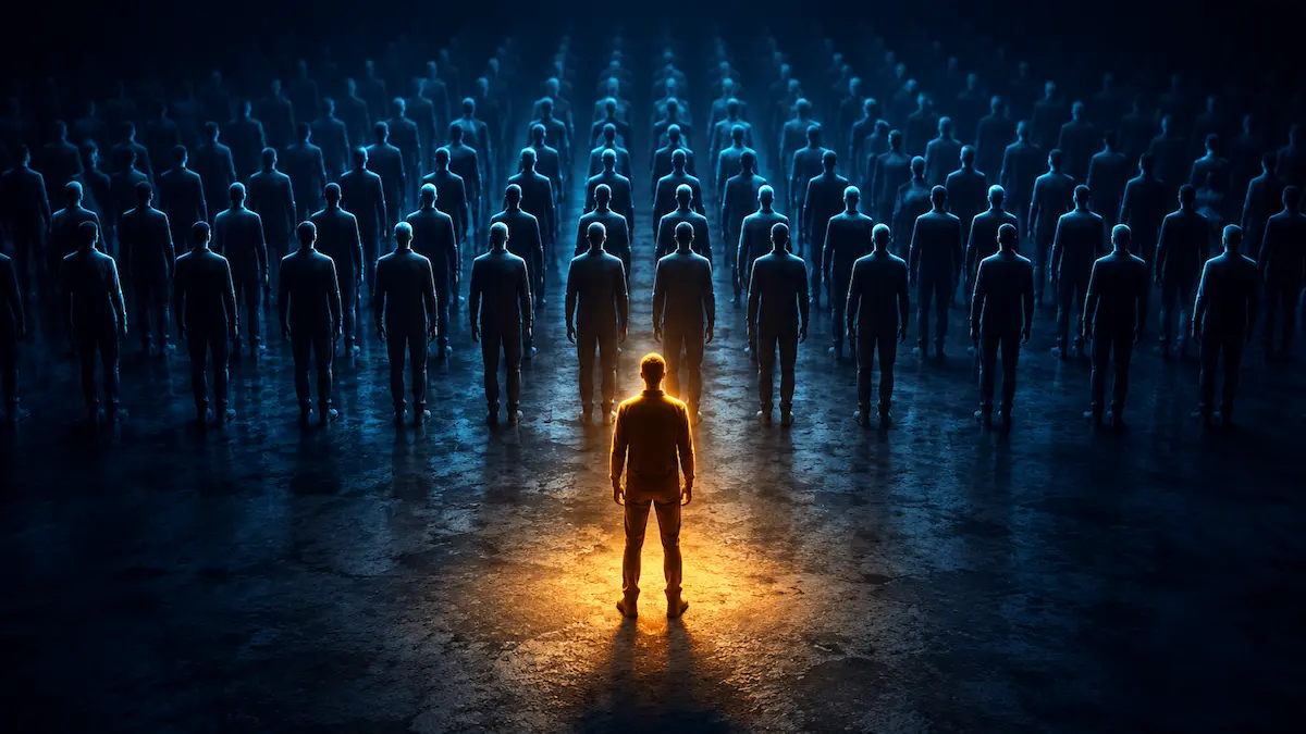 Illustration conceptuelle de l'influence sociale et du conformisme : de nombreuses flèches lumineuses identiques pointant dans le même sens et une seule flèche à contre-courant, plus chaude, symbolisant le dissident face à la pression du groupe, sur fond indigo sombre