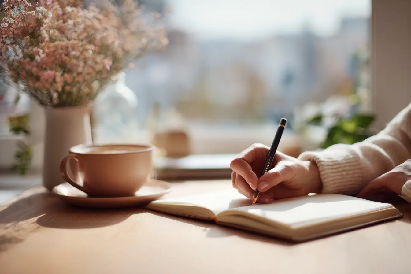 Journal ouvert sur un bureau avec une personne écrivant ses réussites quotidiennes, lumière naturelle douce