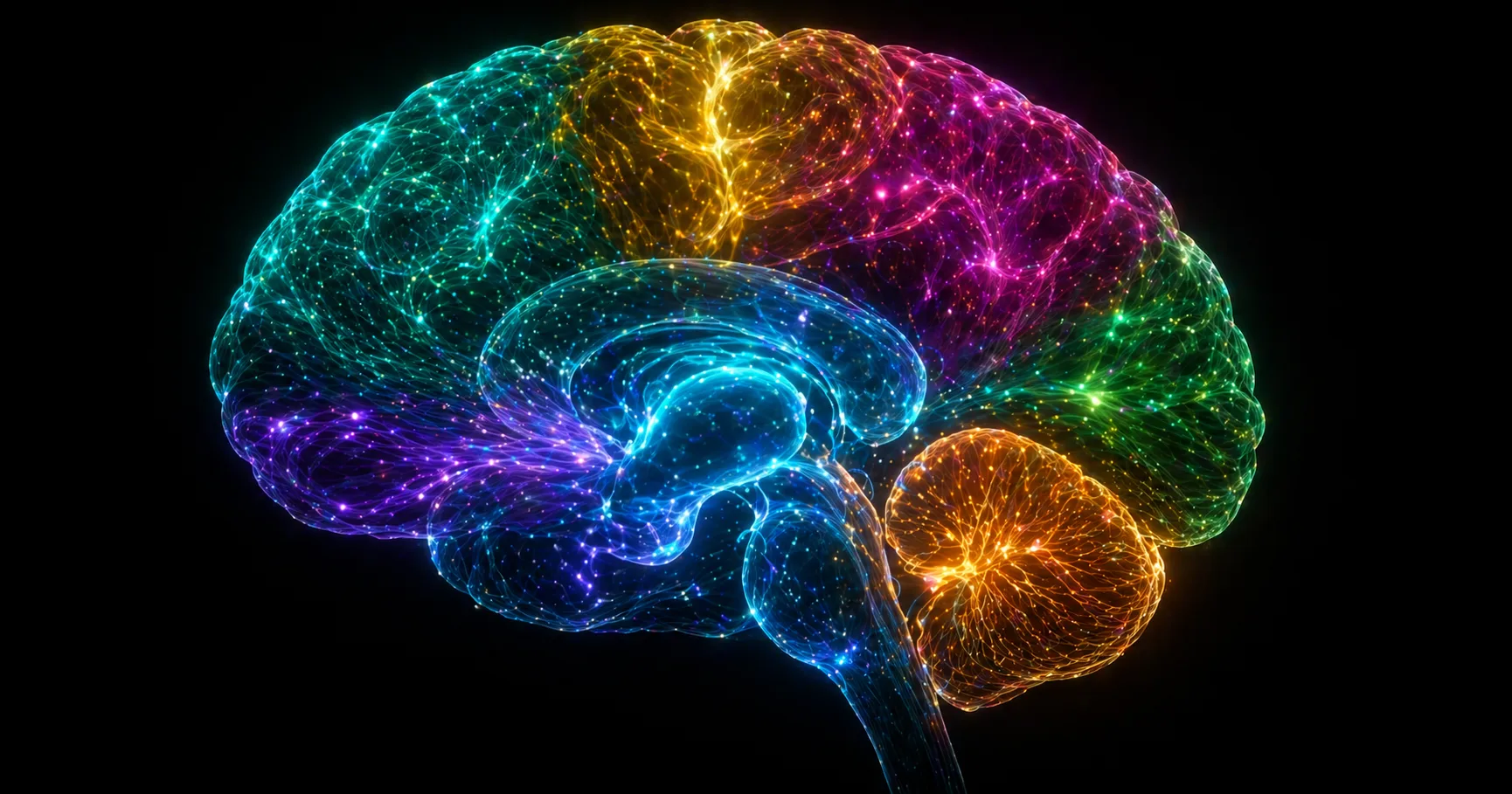 Visualisation abstraite des 7 neurotransmetteurs de l'humeur représentés comme des noeuds lumineux dans un réseau synaptique cérébral sur fond sombre