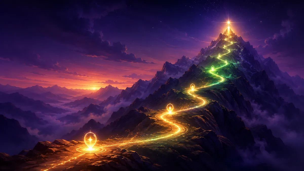 Illustration conceptuelle de la méthode des objectifs SMART vue par les neurosciences : chemin lumineux ascendant balisé de jalons menant vers un sommet rayonnant, métaphore de la progression vers un but précis, fond sombre indigo profond