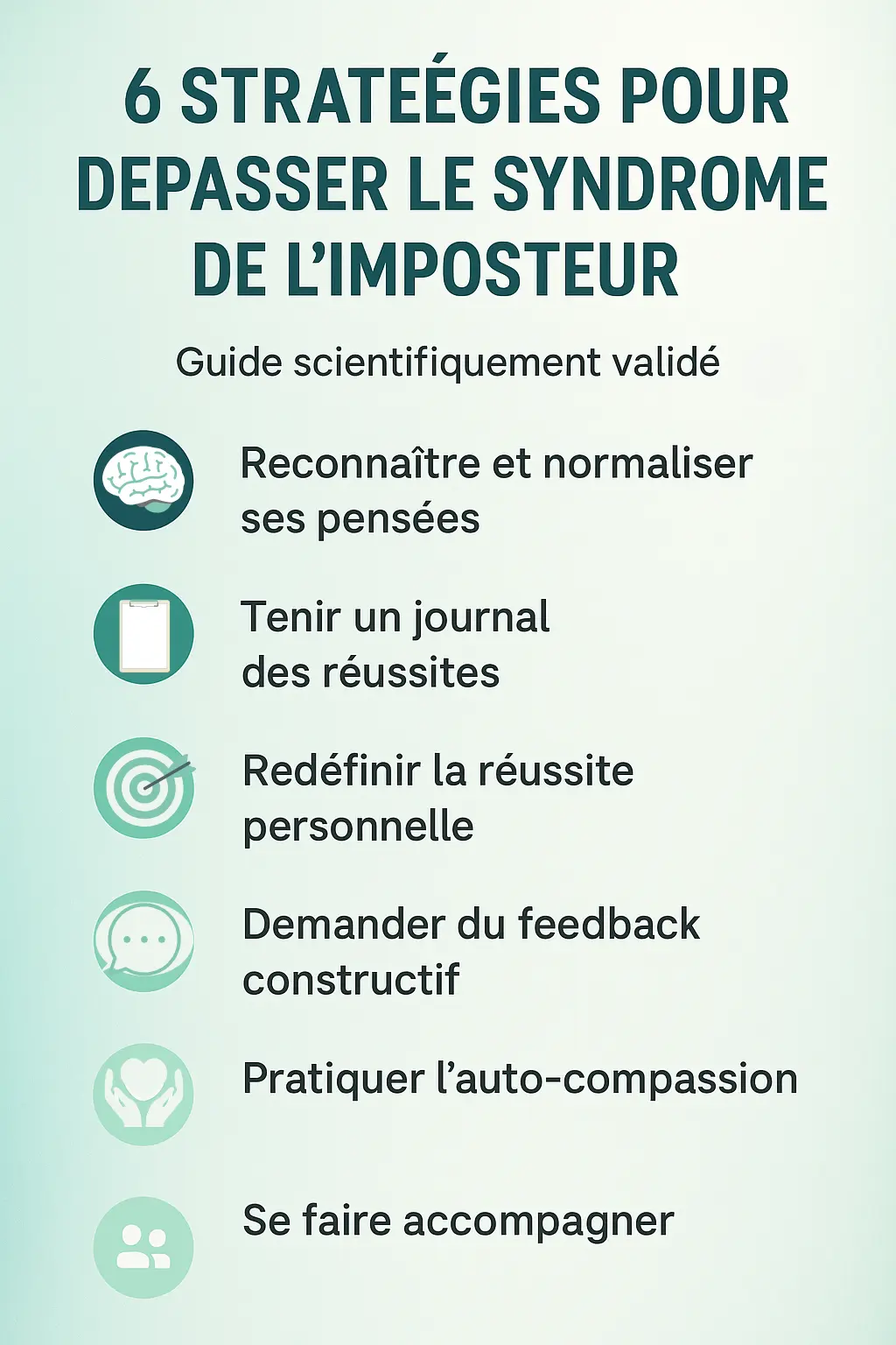 Infographie des 6 stratégies pour vaincre le syndrome de l'imposteur : reconnaître ses pensées, tenir un journal des réussites, redéfinir la réussite, demander du feedback, pratiquer l'auto-compassion et se faire accompagner