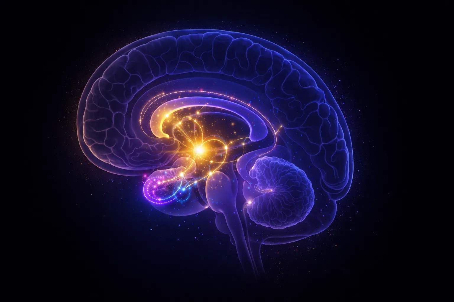 Illustration du système limbique cerveau émotionnel montrant l'amygdale, l'hippocampe et les connexions avec le cortex préfrontal
